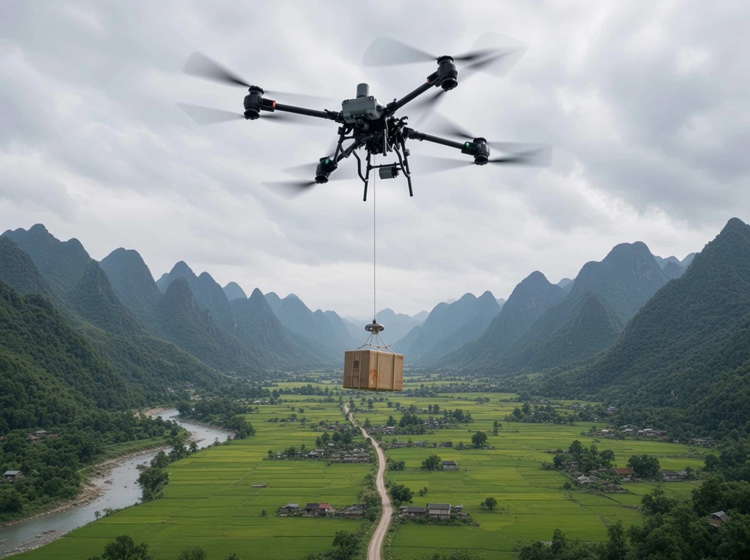 山間部を飛行し荷物を運搬する産業用ドローン