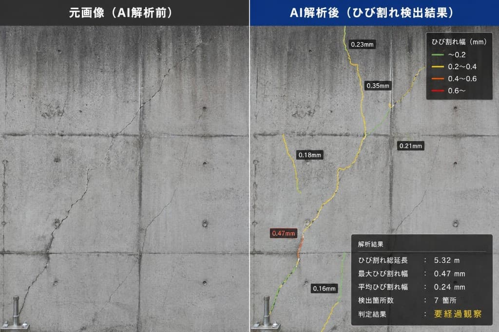 AI解析によるひび割れ検出結果の比較図